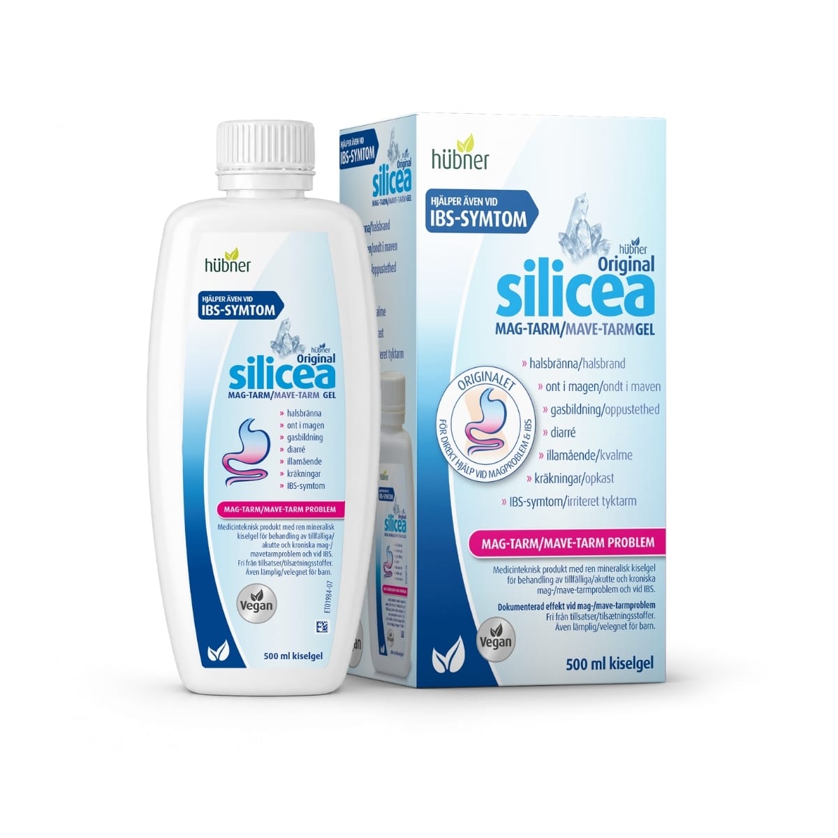 Silicea Mag-Tarm gel 500ml med flaska och tillhörande förpackning
