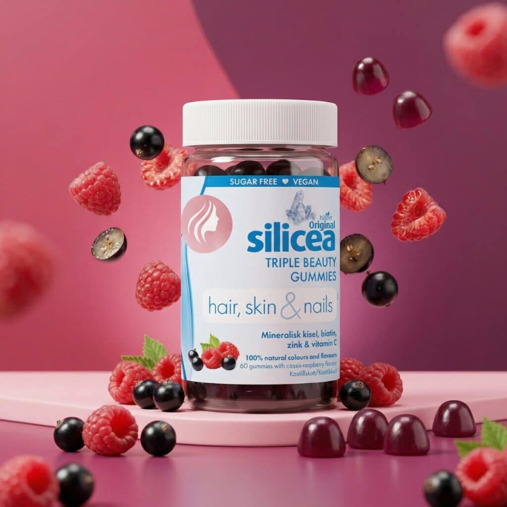 Silicea Triple Beauty Gummies med bär – veganska gummies för hår, hud och naglar med smak av hallon och svartvinbär